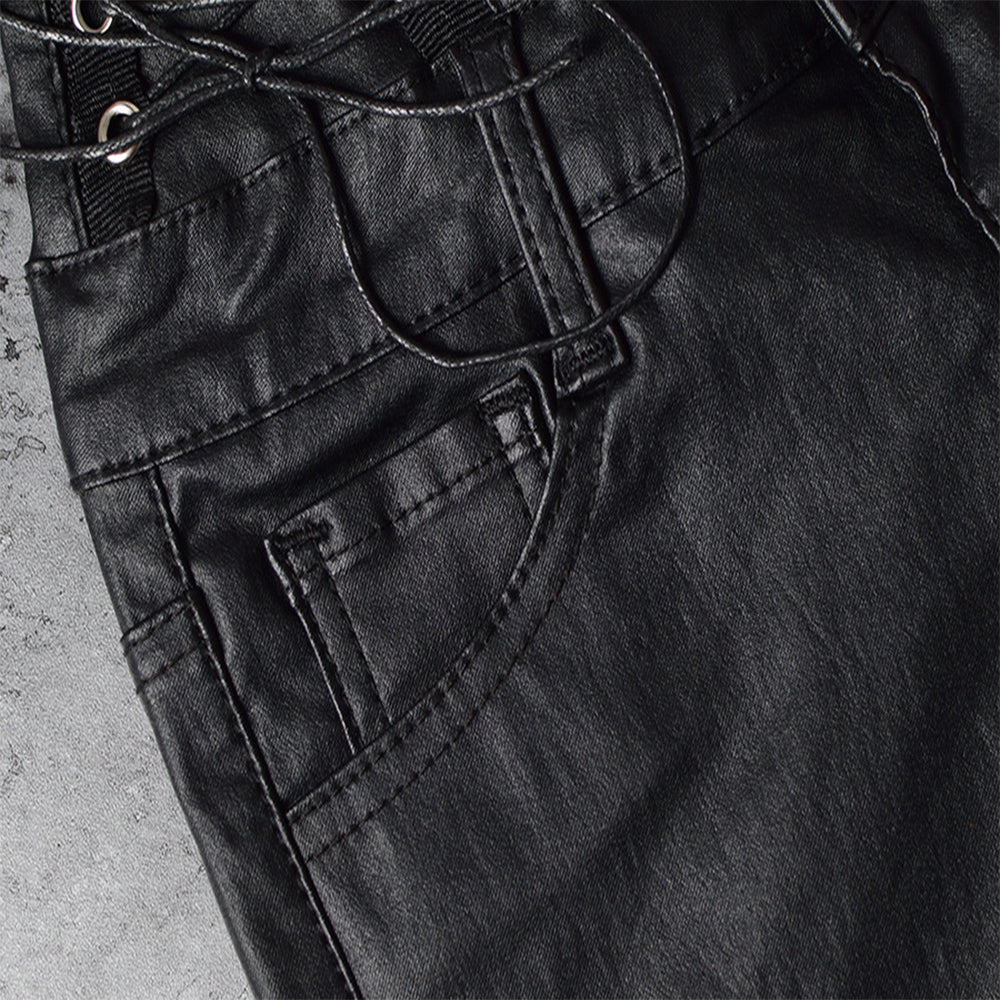 Lace Up Black Faux Leather Pants - Elledress